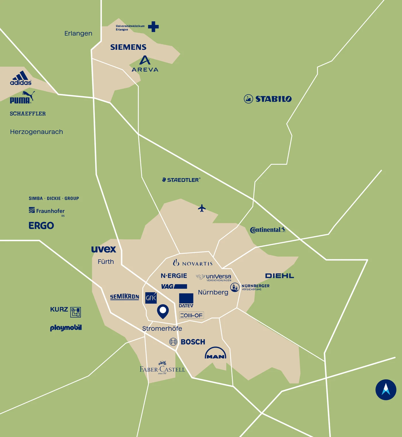 Karte der Metropolregion Nürnberg — Standort Stromerhöfe in Nürnberg, dazu Fürth, Erlangen und Herzogenaurach sowie ansässige Unternehmen der Region, darunter Siemens, adidas, Puma, Schaeffler, Staedtler, Continental, Novartis, DATEV, Bosch, MAN, Playmobil und Faber-Castell
