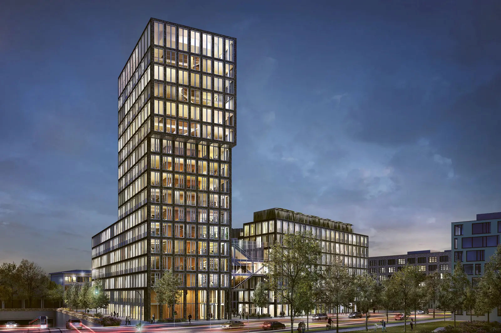 IKON am Kohlenhof in Nürnberg, Visualisierung des Nachbarprojekts: ein Büro-Hochhaus mit rasterförmiger Glasfassade in der blauen Stunde, die Geschosse von innen beleuchtet, rechts daneben ein niedrigerer Riegel, davor eine baumbestandene Straße mit Lichtspuren