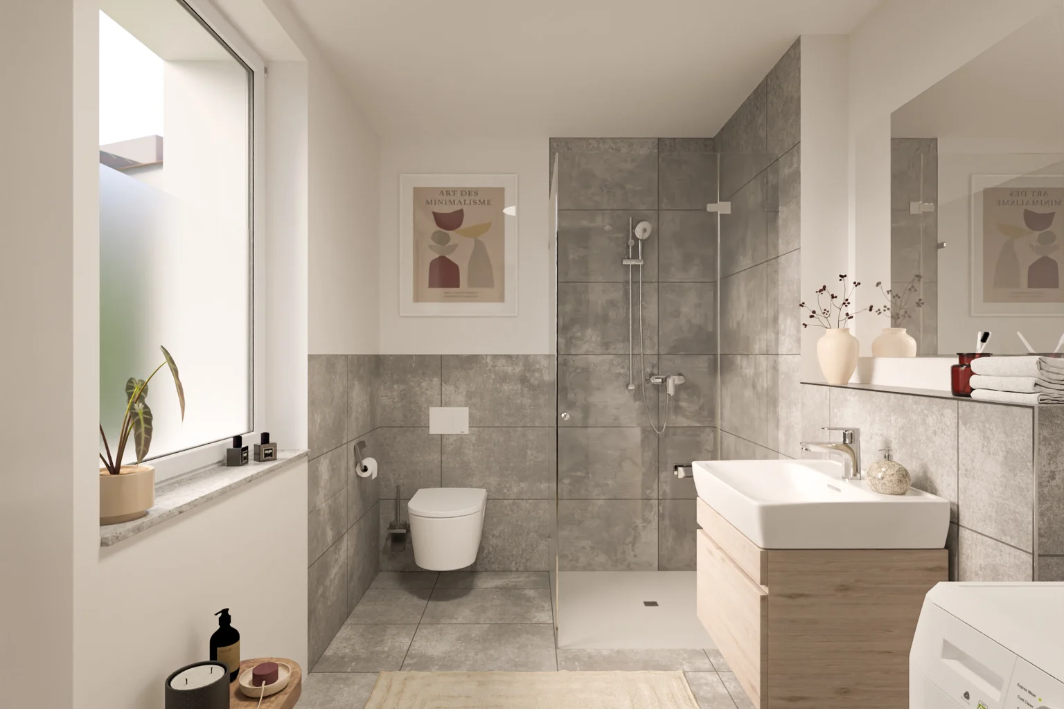 Bad einer 2-Zimmer-Wohnung der Stromerhöfe: Dusche mit flacher Duschwanne und Glasabtrennung, Wand-WC, Waschtisch auf Holzunterschrank mit grossem Spiegel, Fenster und Stellplatz für eine Waschmaschine — Symbolbild