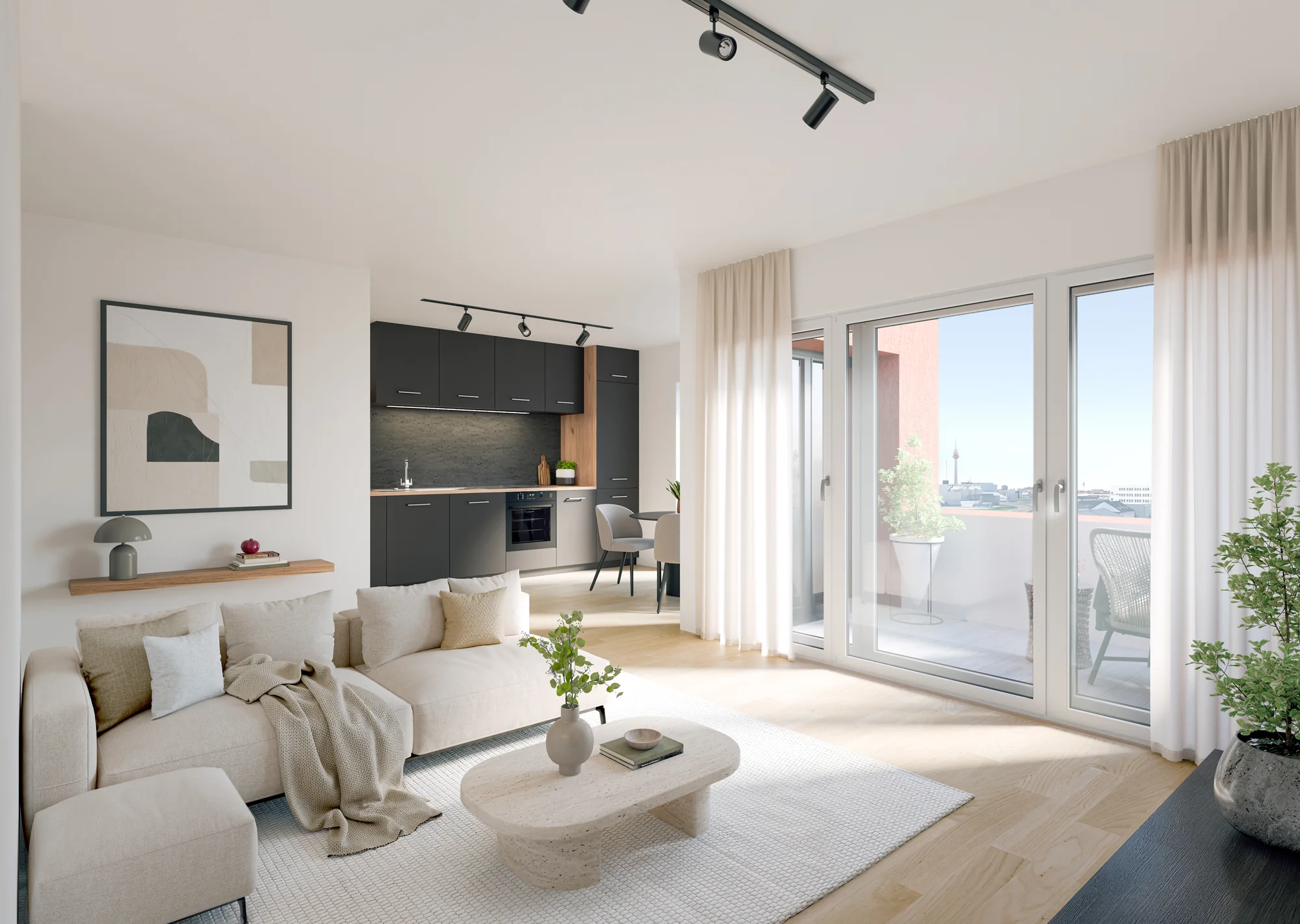 Wohn- und Essbereich einer 2-Zimmer-Wohnung der Stromerhöfe: helles Sofa mit Couchtisch, offene Küchenzeile, bodentiefe Fenster mit Vorhängen und Tür zum Balkon — Symbolbild